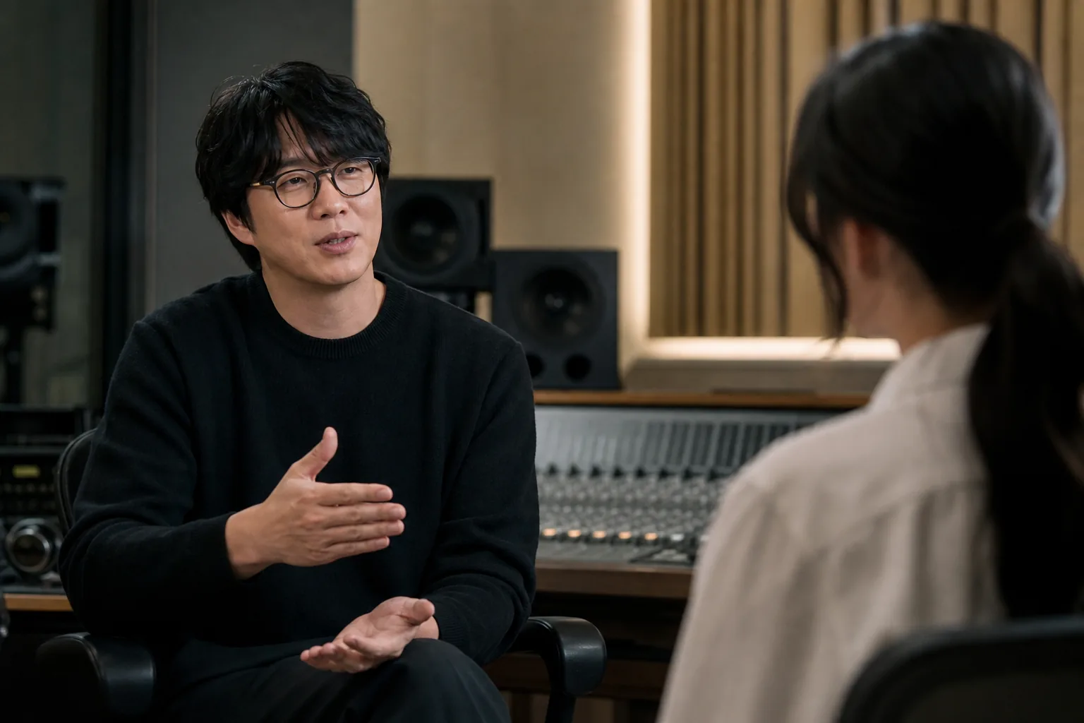 Korean entertainment studio interview discussion about a singer praising an actress