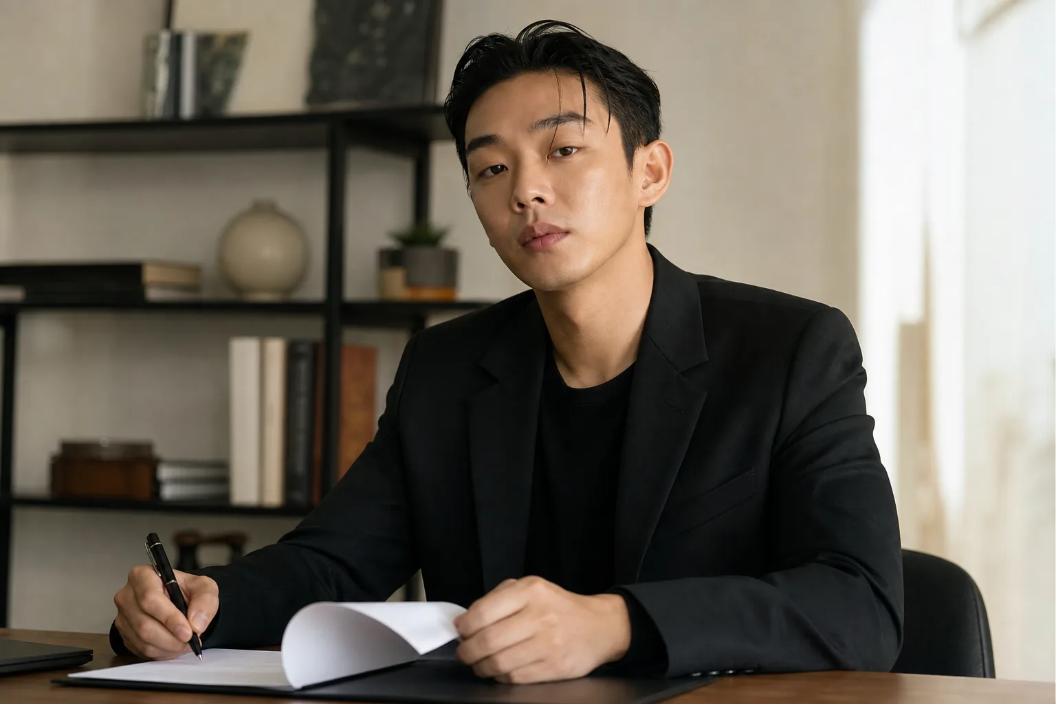 Korean entertainment agency contract documents and media desk