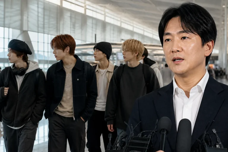 Airport terminal scene representing BigHit Music response to CORTIS travel allegations