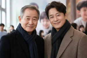 Veteran Korean actors Shin Goo and Park Geun-hyung charity campaign editorial image