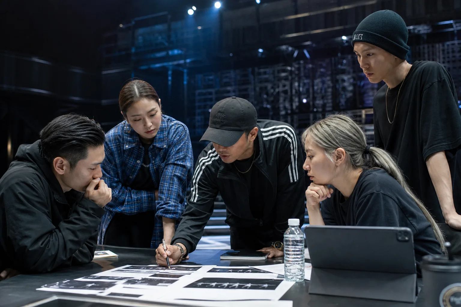 Television dance competition studio with directors preparing strategic stage battles