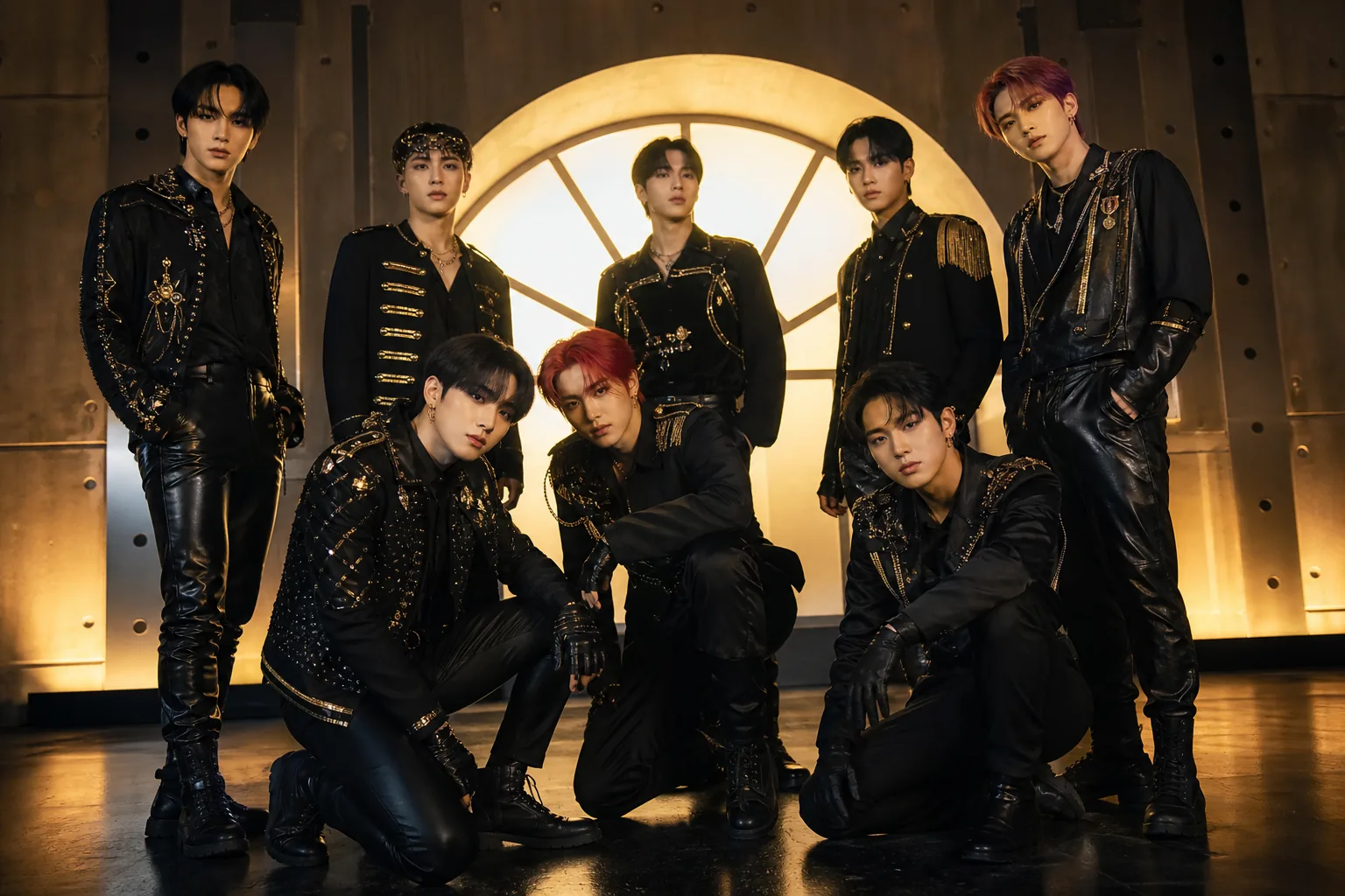 K-pop group comeback momentum represented by stage lights and album displays