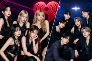 K-pop festival stage representing LE SSERAFIM and BTS at the 2026 iHeartRadio Music Festival