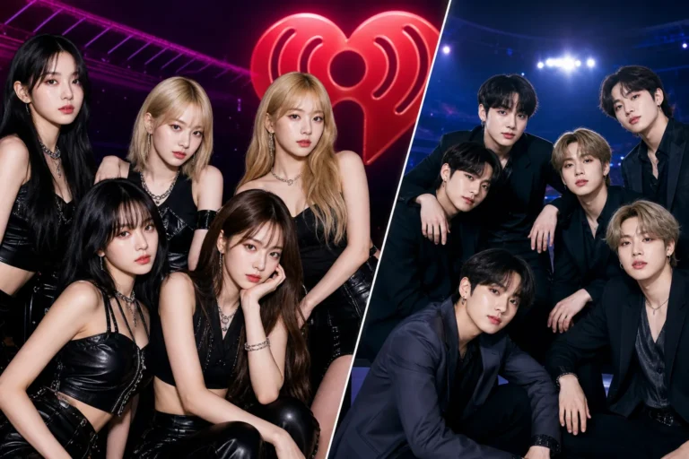 K-pop festival stage representing LE SSERAFIM and BTS at the 2026 iHeartRadio Music Festival