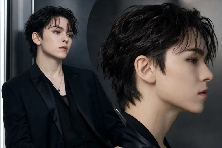 Editorial image representing SEVENTEEN Vernon hairstyle change during V8 promotions