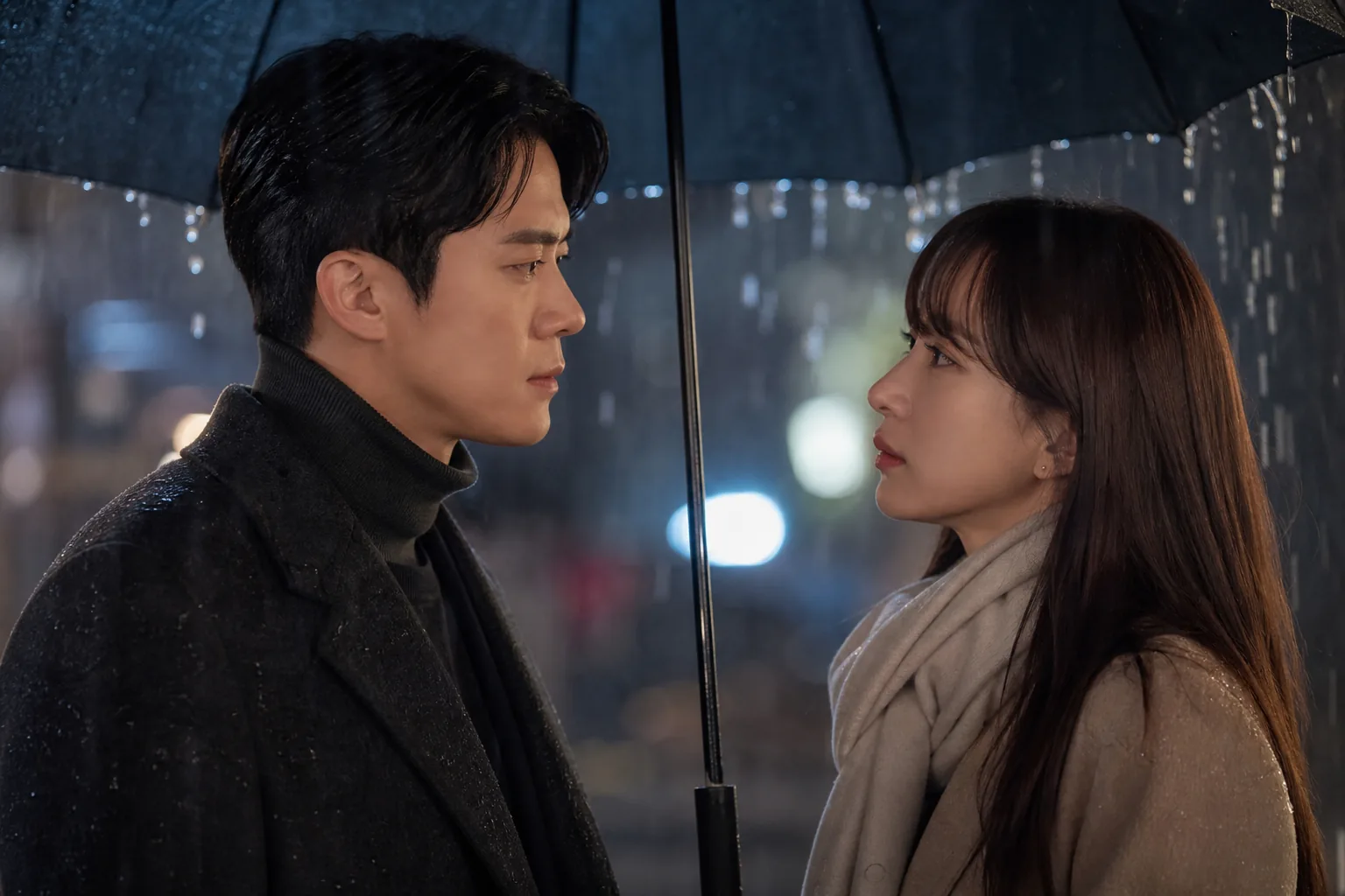Former lovers facing each other in a Korean romance drama poster concept