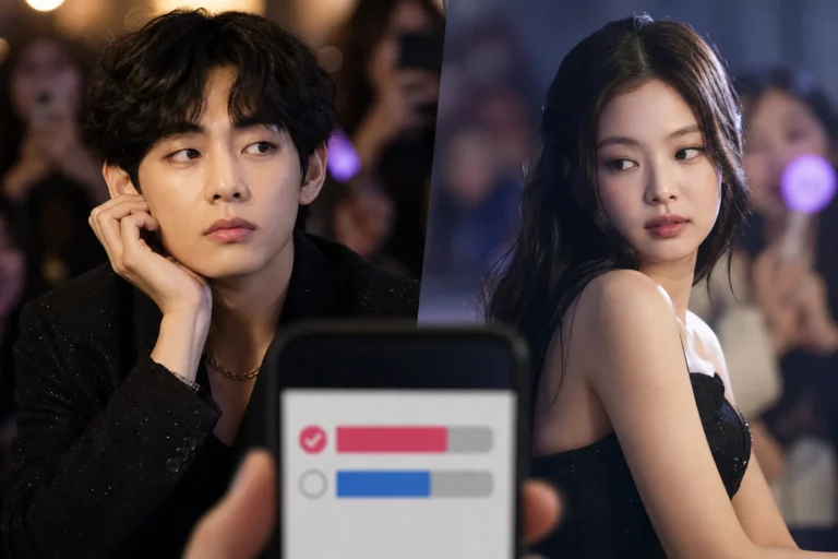 Editorial image of K-pop fans reviewing an online dating rumor poll on phones