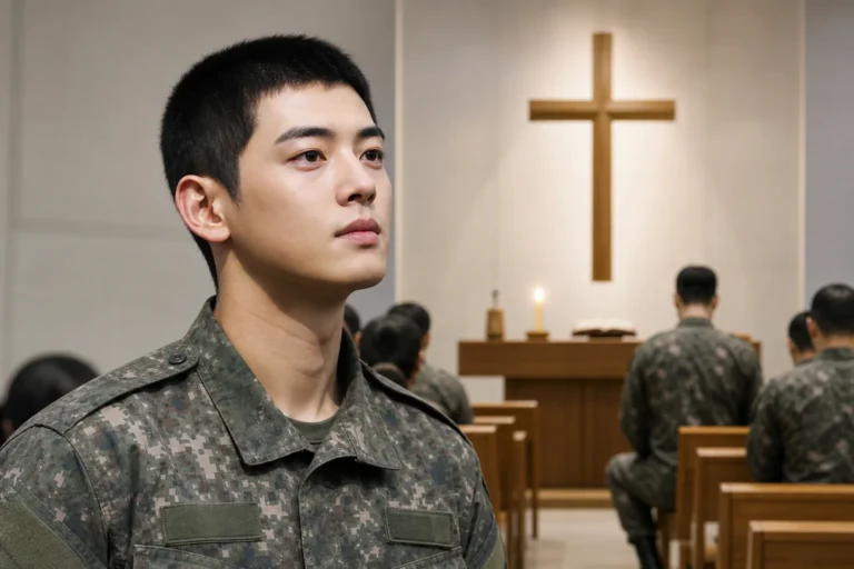 Military chapel scene representing Cha Eunwoo baptism report during army service