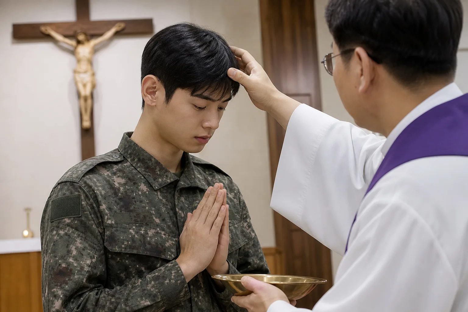 Quiet military chapel setting illustrating Cha Eunwoo baptism during service