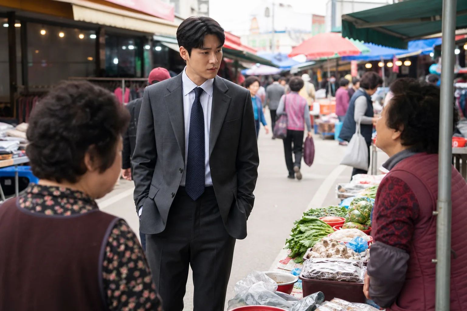 Lawyer walking through a traditional market in a Korean romantic comedy setting