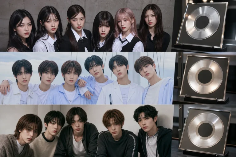 K-pop albums displayed in a modern music retail setting for Japan certification news
