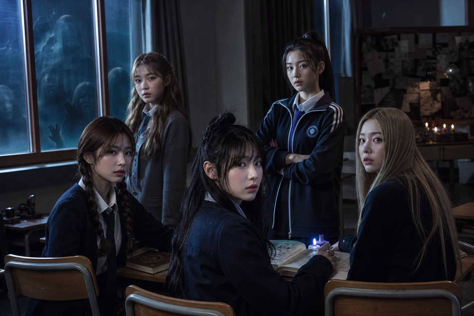 K-pop group members preparing for a theatrical short-form drama project