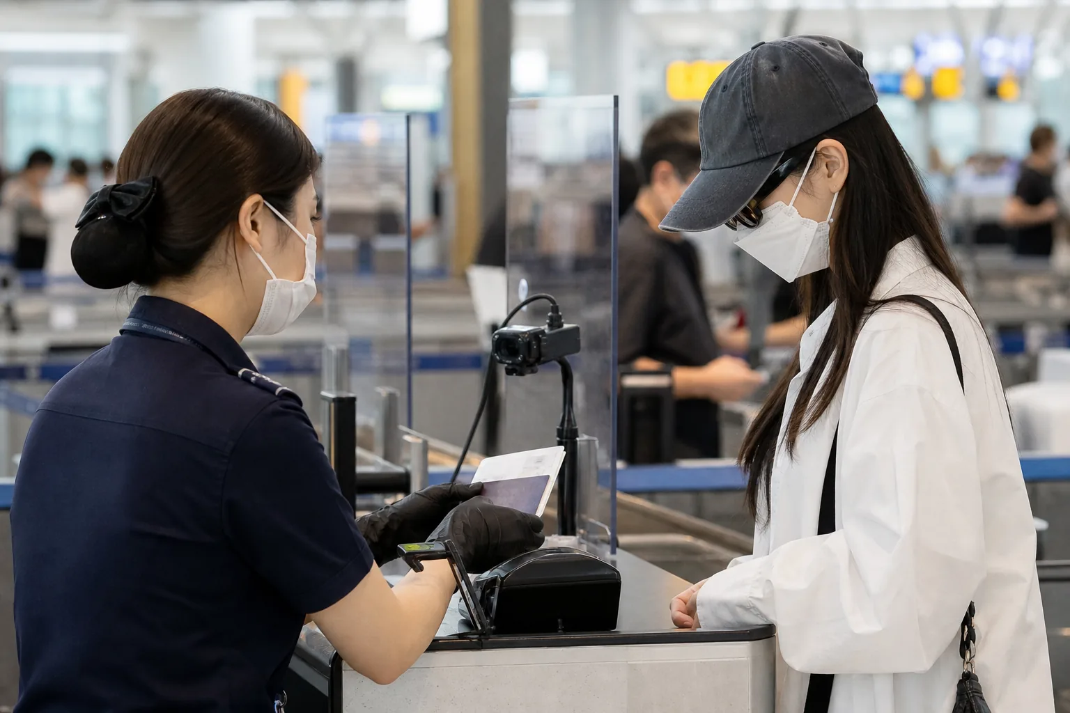 Airport passenger identity check with mask hat and sunglasses guidance