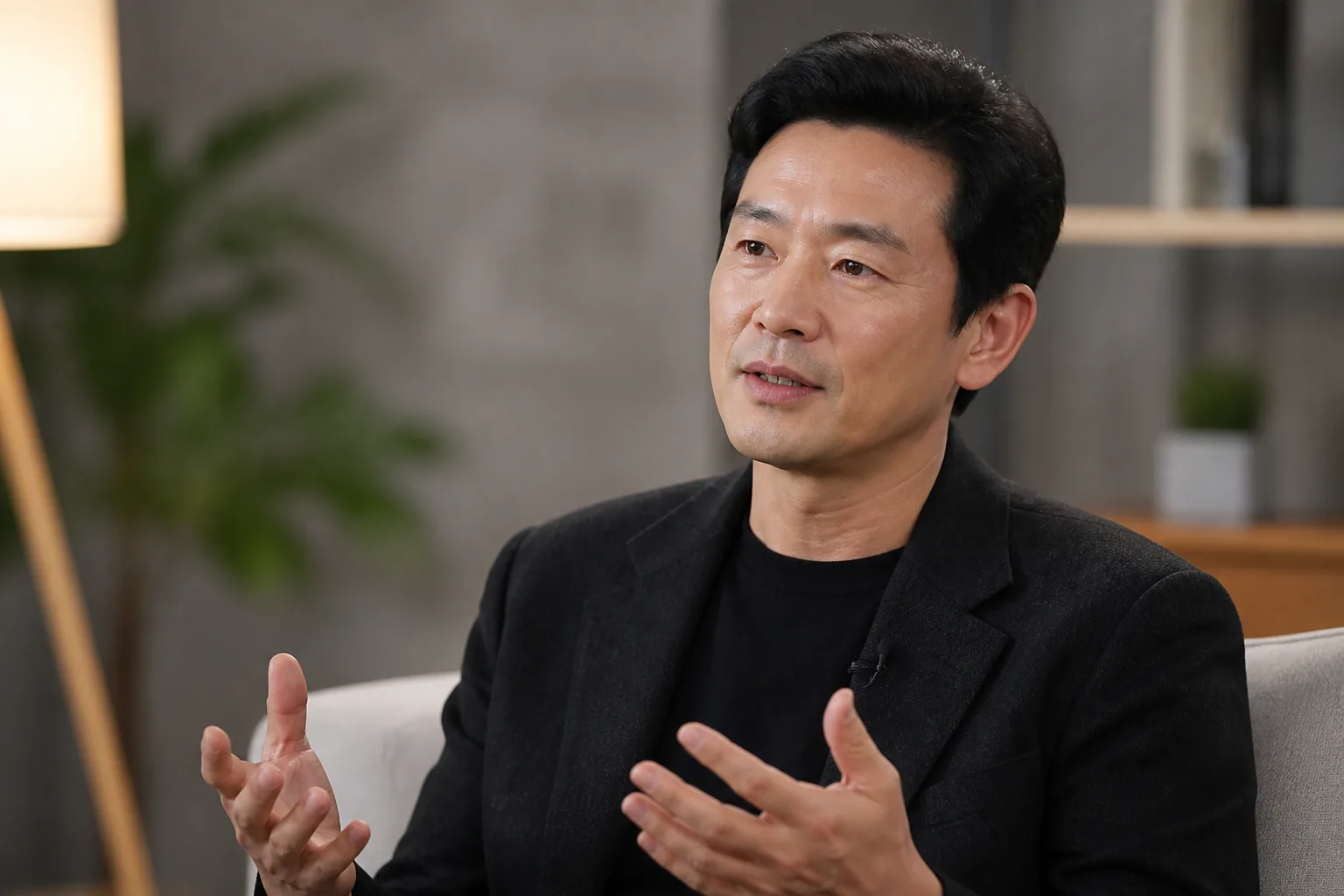 Editorial image of a Korean actor interview studio with soft lighting