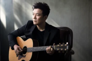 Acoustic guitar in a recording studio representing Kim Gun-mo's 10-year comeback single