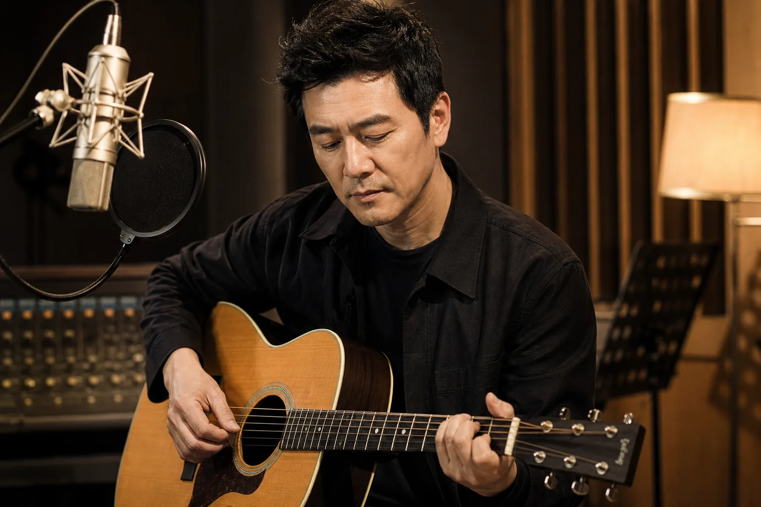 Studio acoustic guitar and microphone symbolizing Kim Gun-mo's new musical direction