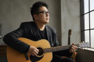 Acoustic guitar on a quiet studio stage for Kim Gun Mo comeback article