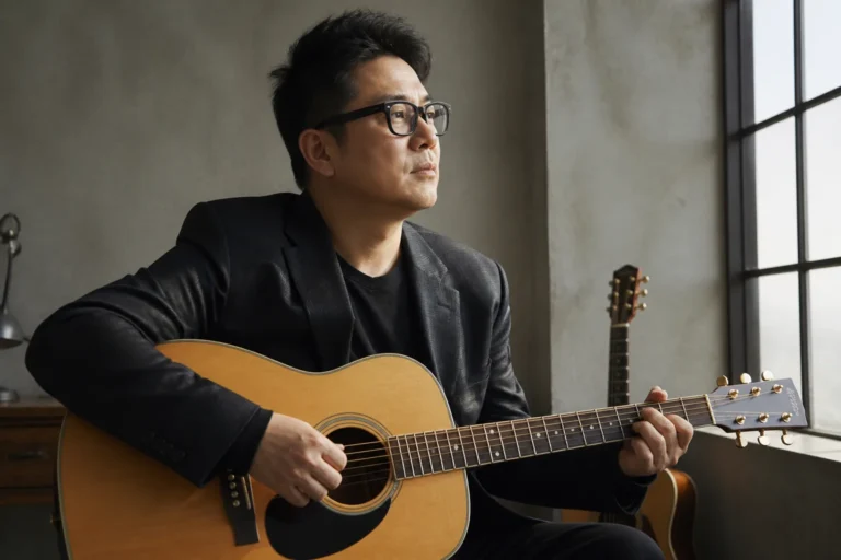 Acoustic guitar on a quiet studio stage for Kim Gun Mo comeback article