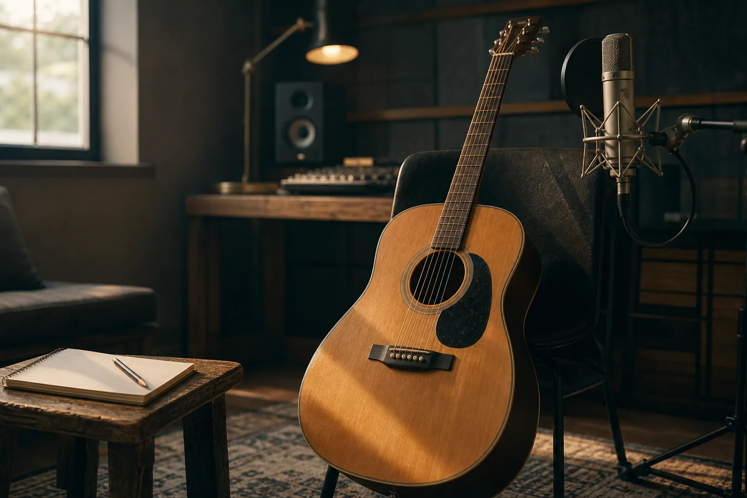 Acoustic guitar recording setup representing Kim Gun Mo's new single