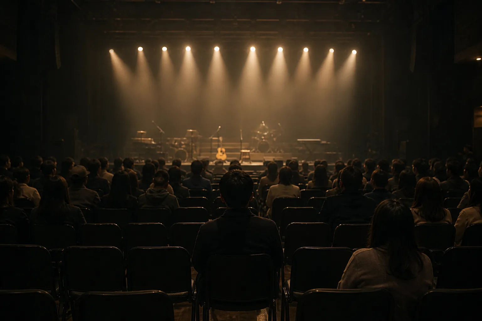 Empty concert stage lights suggesting a veteran Korean singer returning to audiences