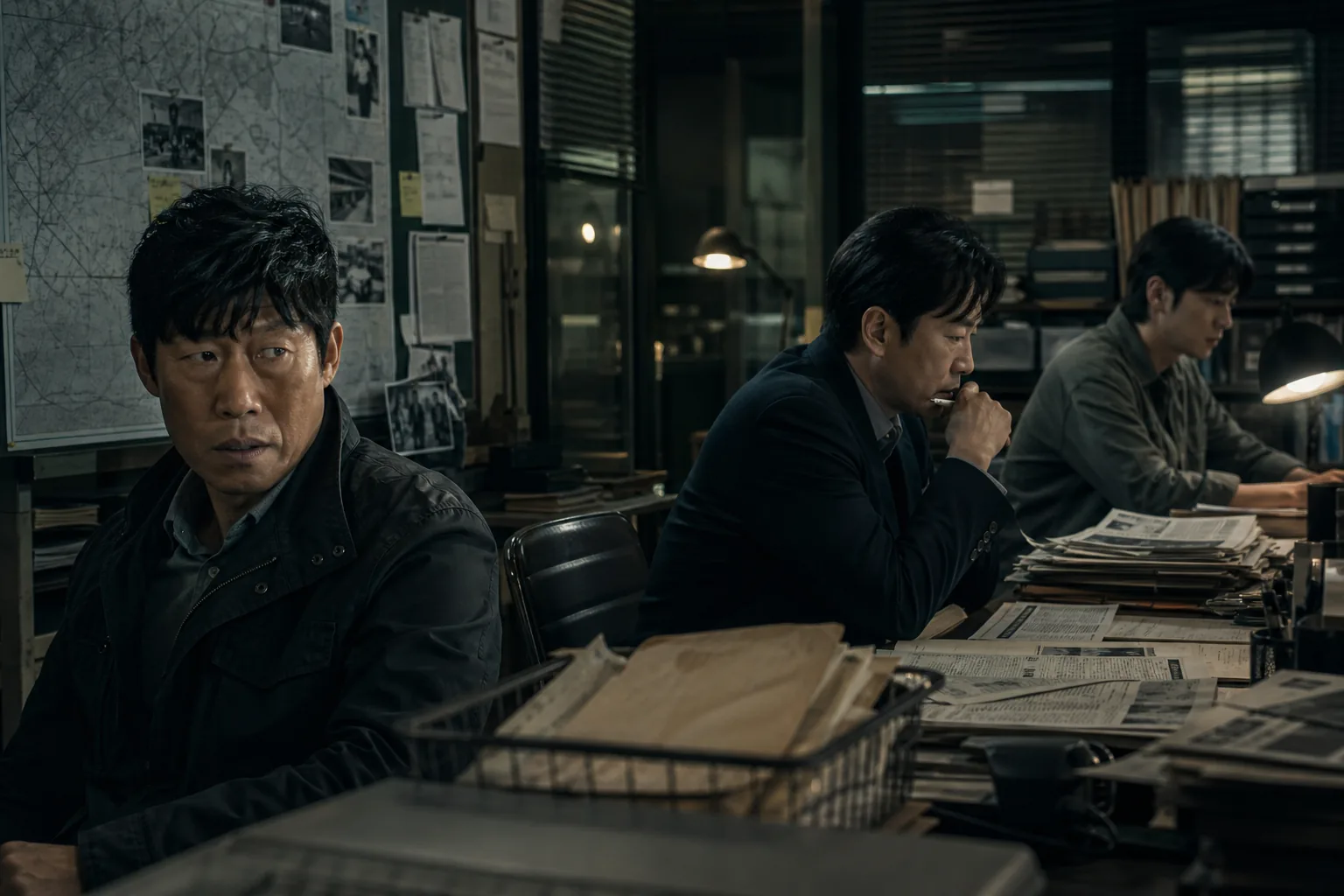 Investigative Korean thriller scene inspired by Assassin(s) film premise