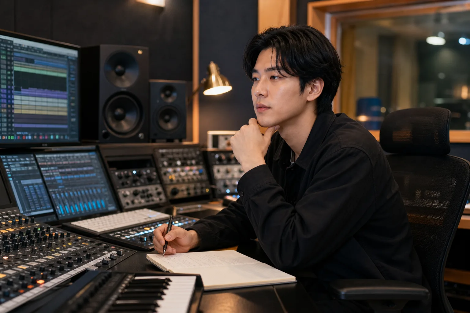 AI editorial image of a Korean music producer studio tied to Park Gyu Jeong wedding news