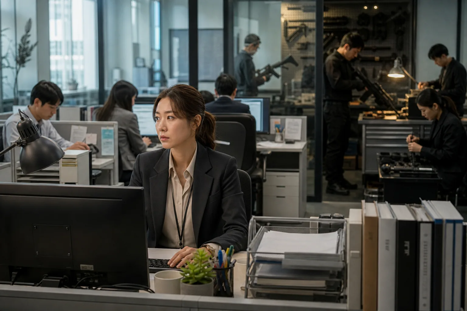 Ordinary office desks hiding a covert action team in a Korean drama