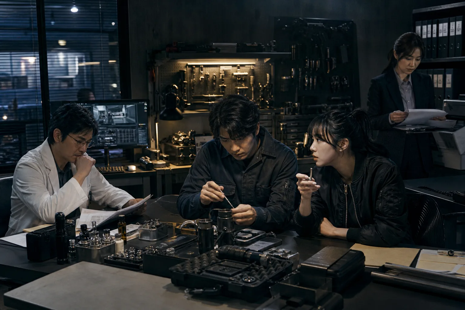Dark office workshop with tactical planning mood for a Korean action drama ensemble