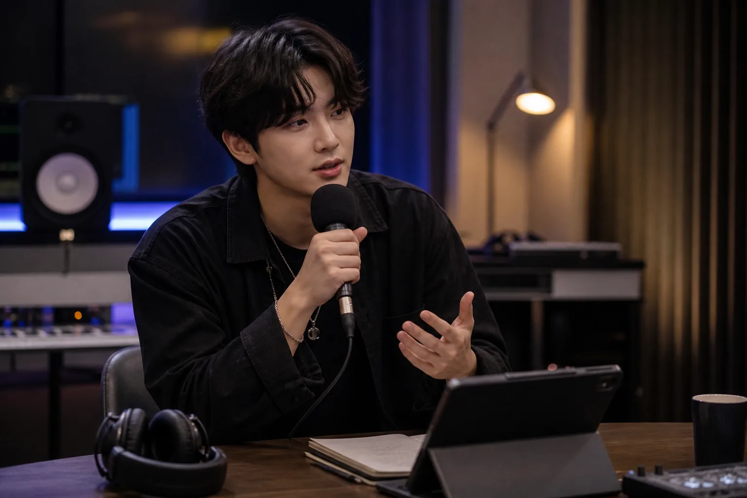Headphones and a studio desk symbolizing EVAN's solo listening party