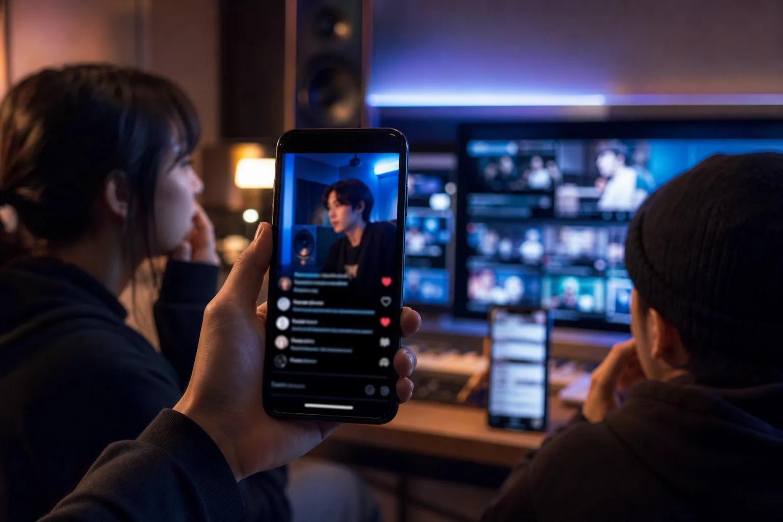 Phone screen glow and music studio lights representing online fan debate around a K-pop solo debut