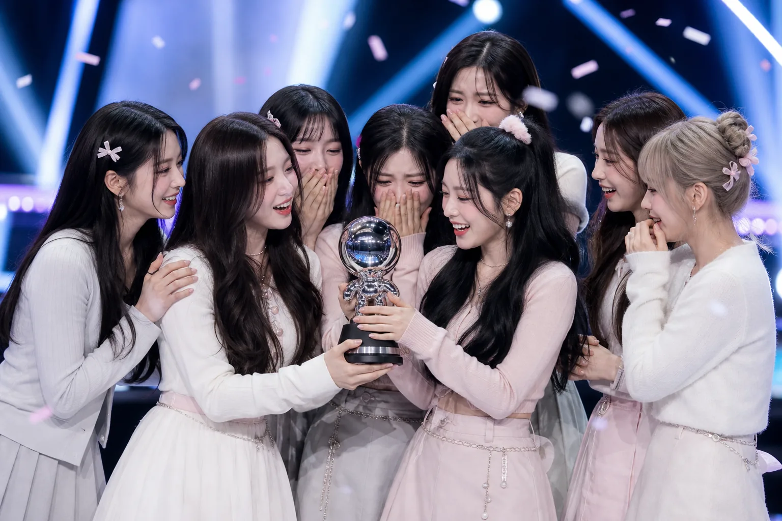 K-pop group celebrates a first music show win on a bright stage