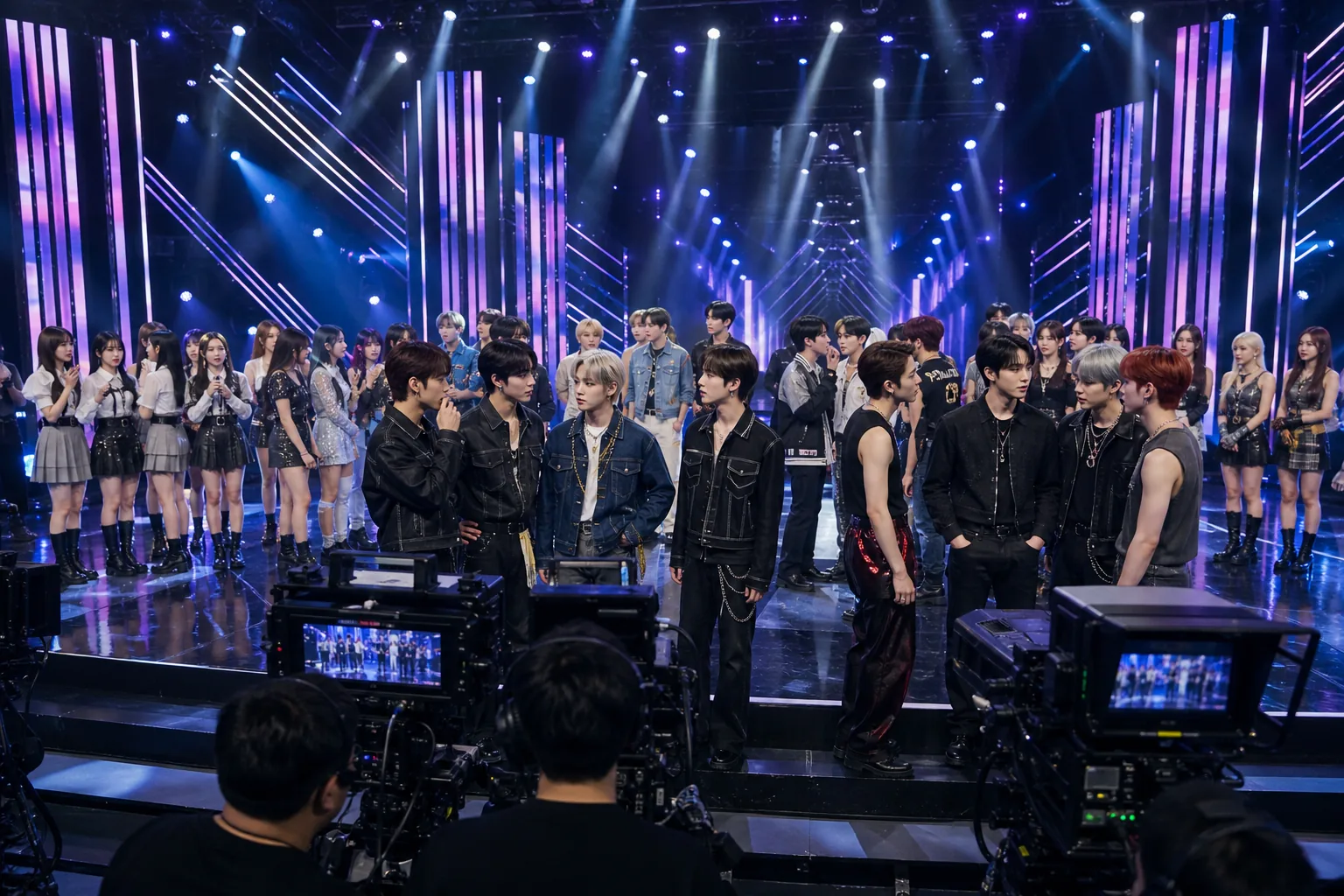K-pop broadcast stage with performers and cameras during a weekly music show