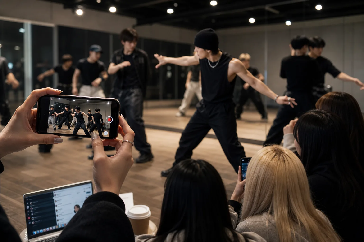 K-pop dance practice setting representing online dating rumor speculation
