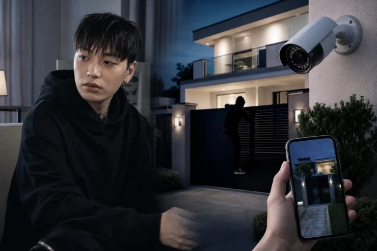 Editorial image representing Simon Dominic discussing privacy and home security after a burglary