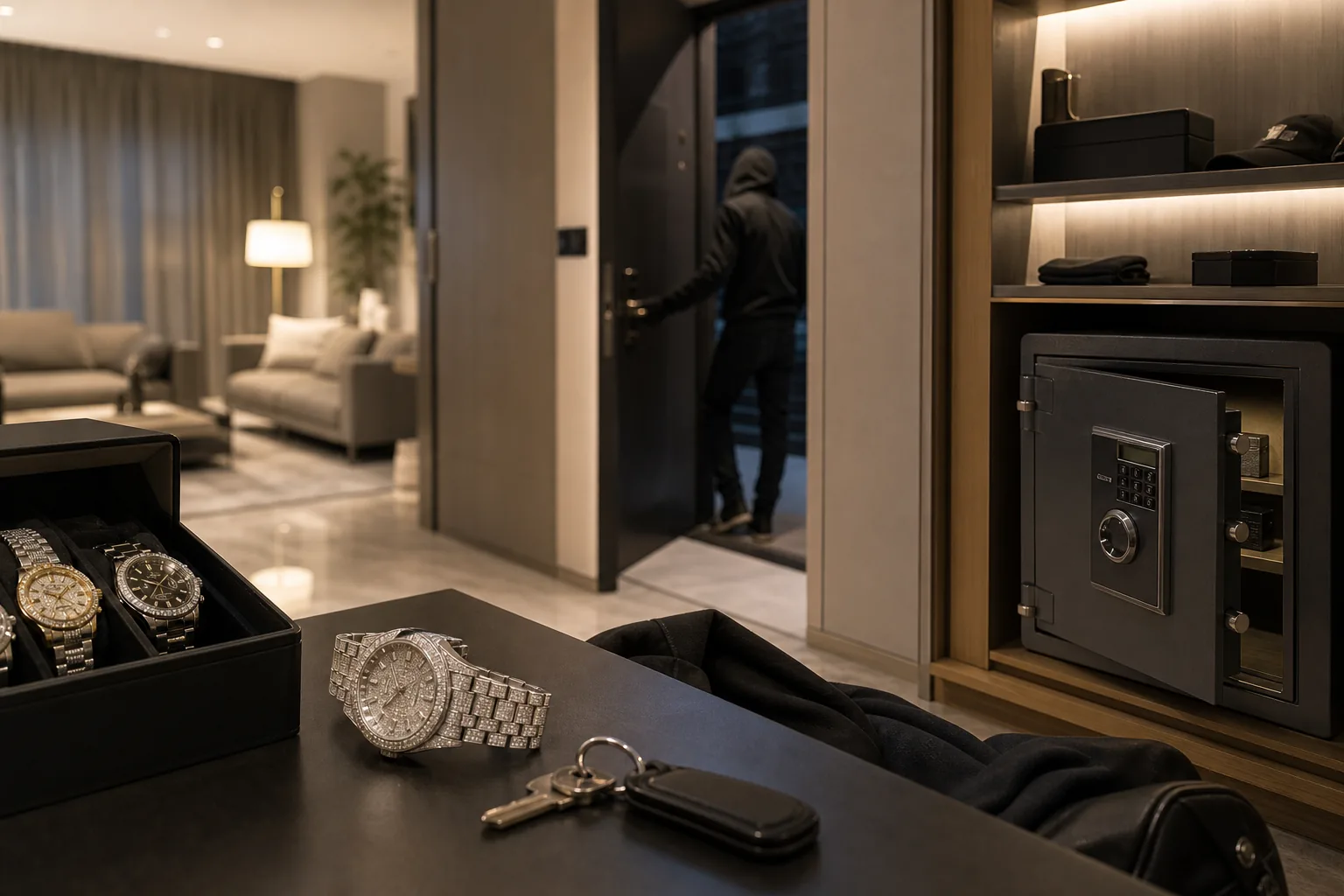 Editorial image of a modern apartment entryway symbolizing celebrity home privacy concerns