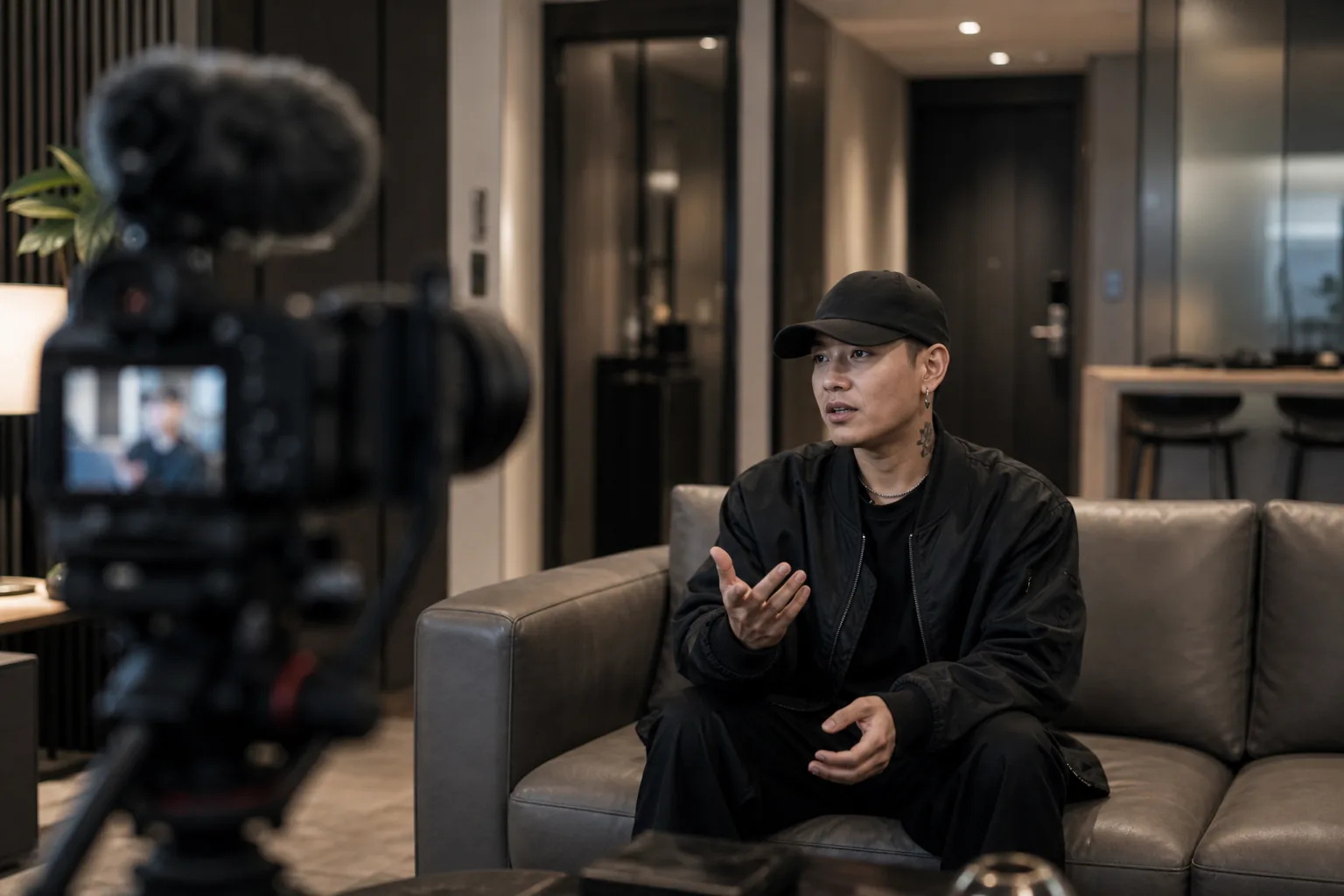 Editorial image of blurred cameras and residential interiors symbolizing entertainment filming boundaries