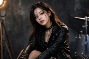 Rock chic K-pop fashion editorial image inspired by Jimin's new styling
