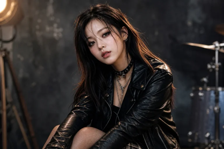 Rock chic K-pop fashion editorial image inspired by Jimin's new styling