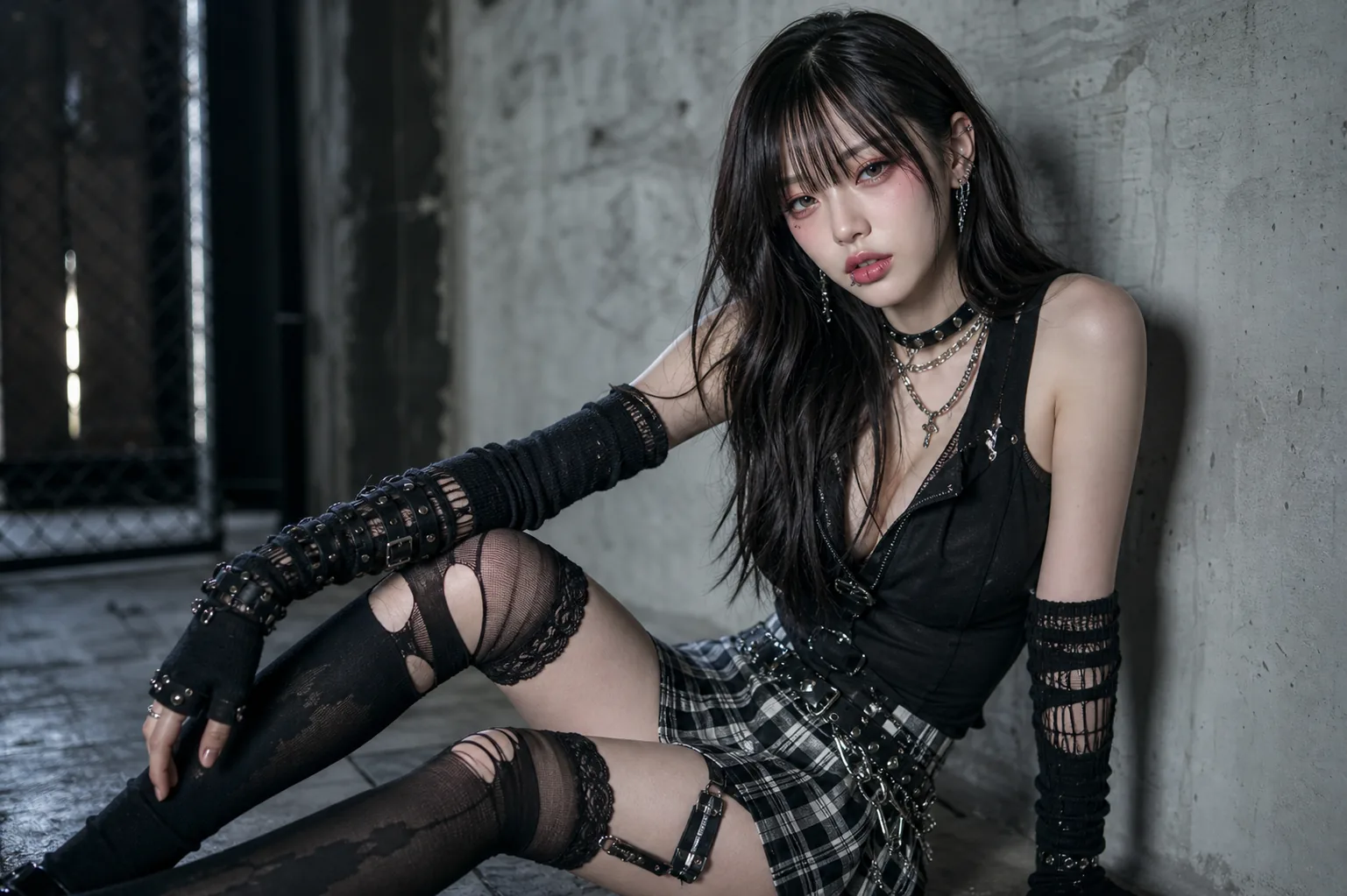 Rock chic stage fashion details with checkered skirt and bold makeup