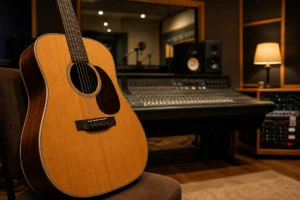 Acoustic guitar in a recording studio representing Kim Gun Mo's 10-year music comeback