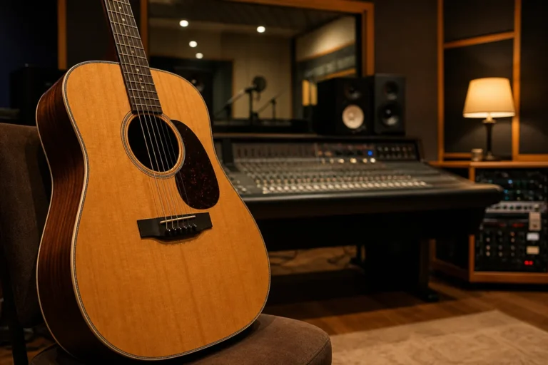 Acoustic guitar in a recording studio representing Kim Gun Mo's 10-year music comeback