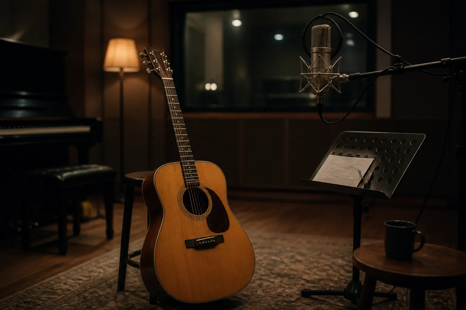 Minimal studio setup with acoustic guitar for Kim Gun Mo comeback context