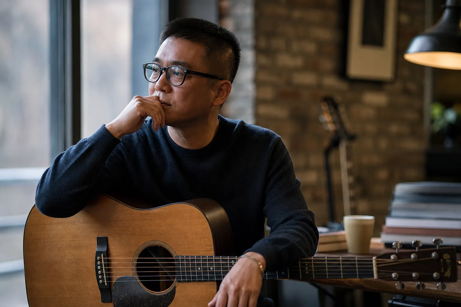 Quiet concert hall and guitar symbolizing Kim Gun Mo's return to live music