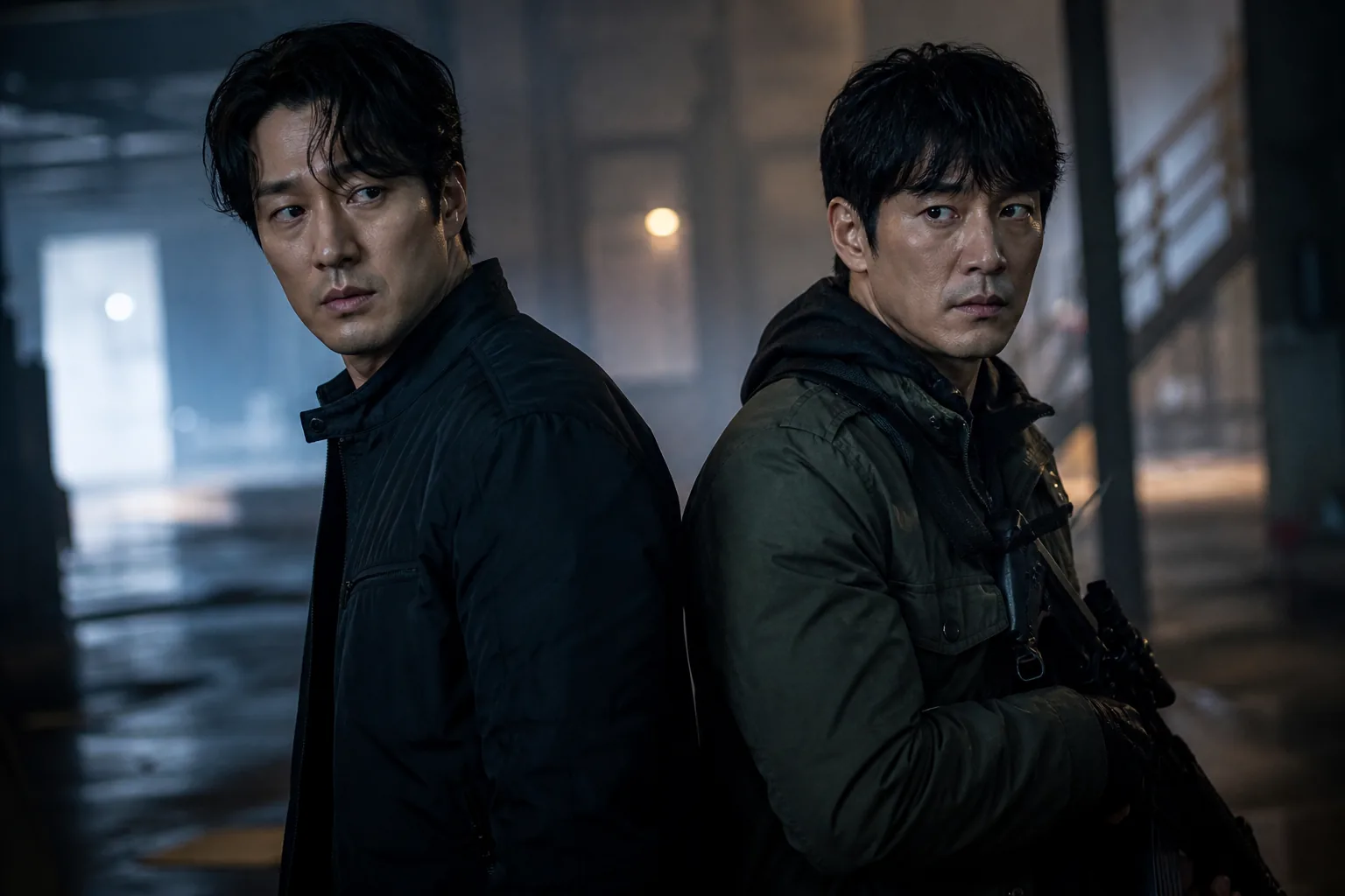 Cinematic action-drama standoff with two partners watching different directions