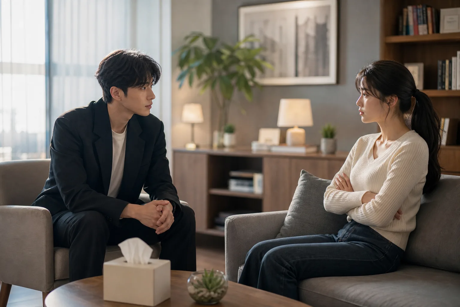 AI editorial image of a K-drama counseling office representing emotional conflict in Love in Sync
