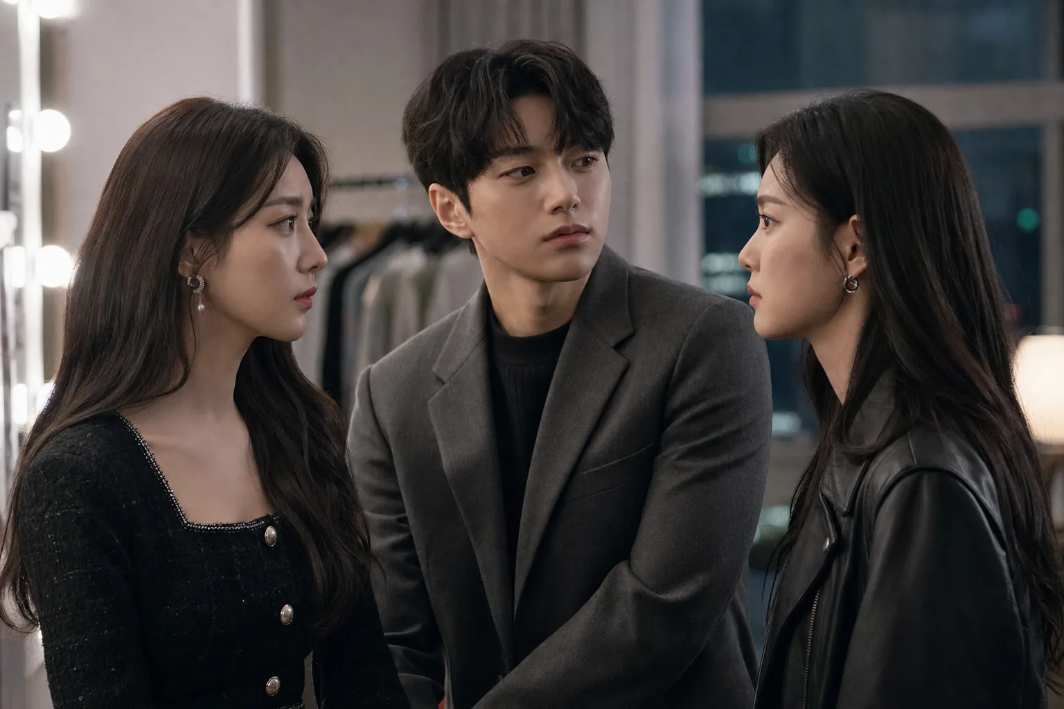 AI editorial image of two rival actresses and a mediator figure in a modern K-drama setting