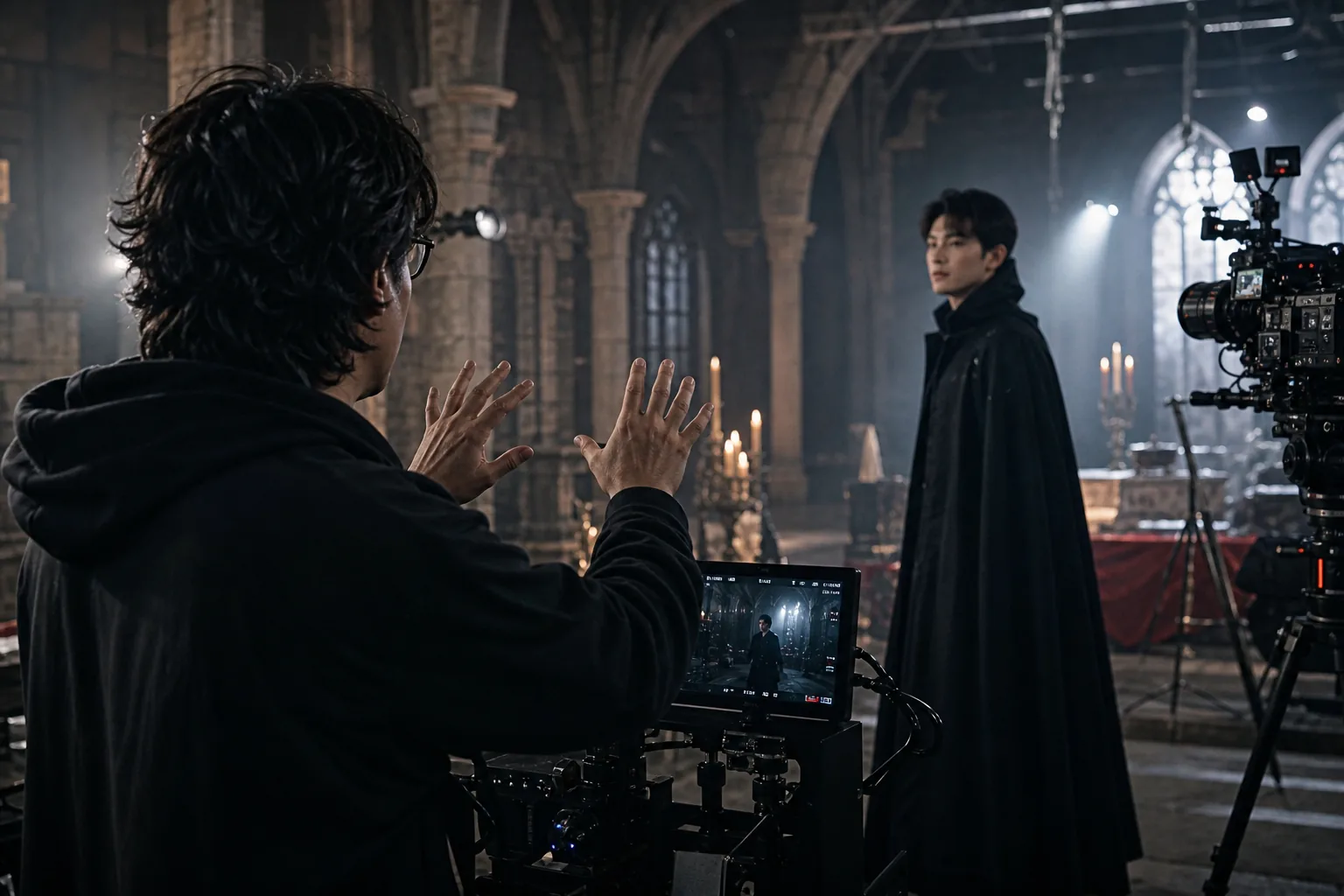 AI editorial image of a modern Korean film set for a vampire movie rumor