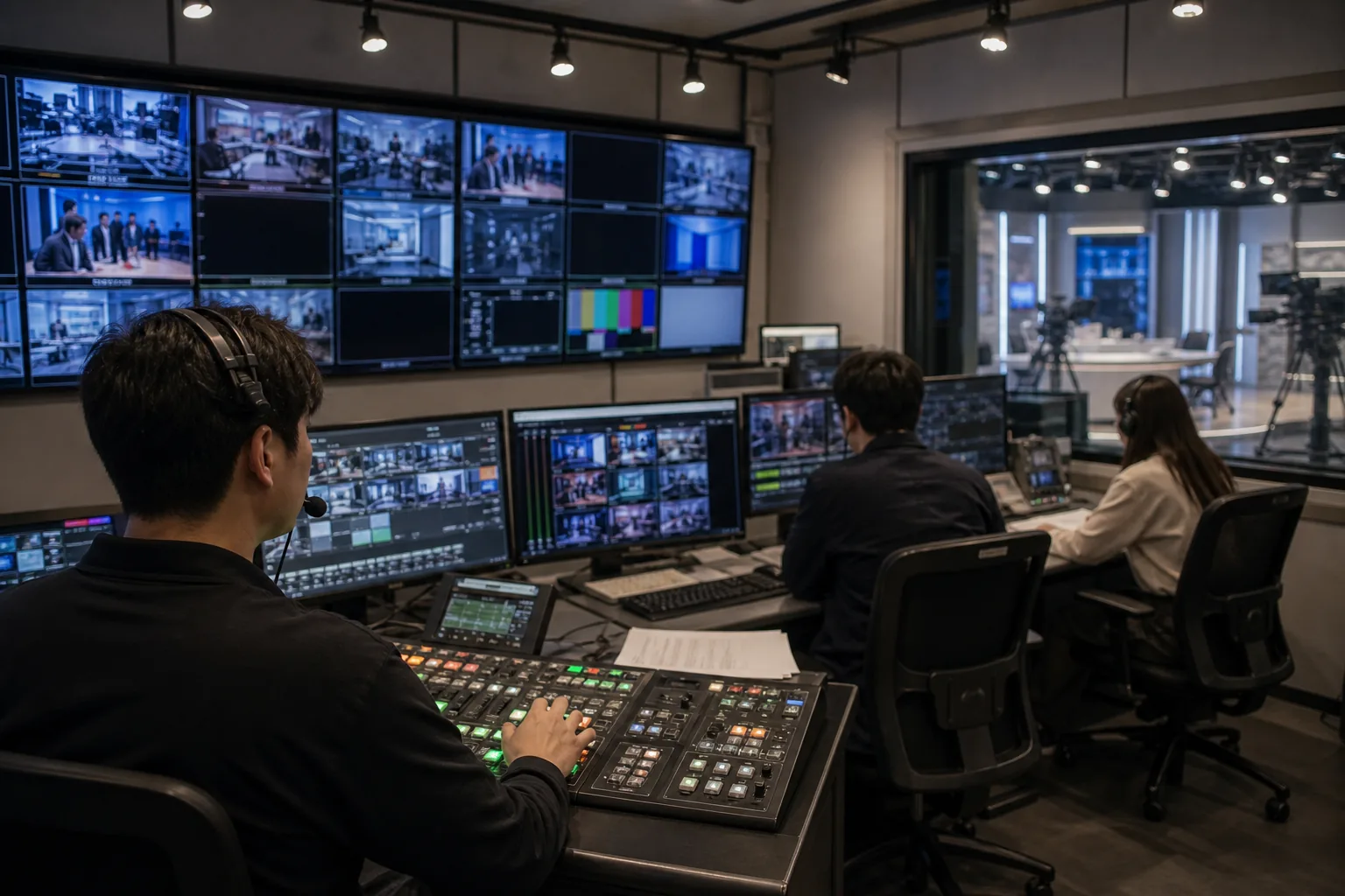 Broadcast studio control room during Korean entertainment network restructuring