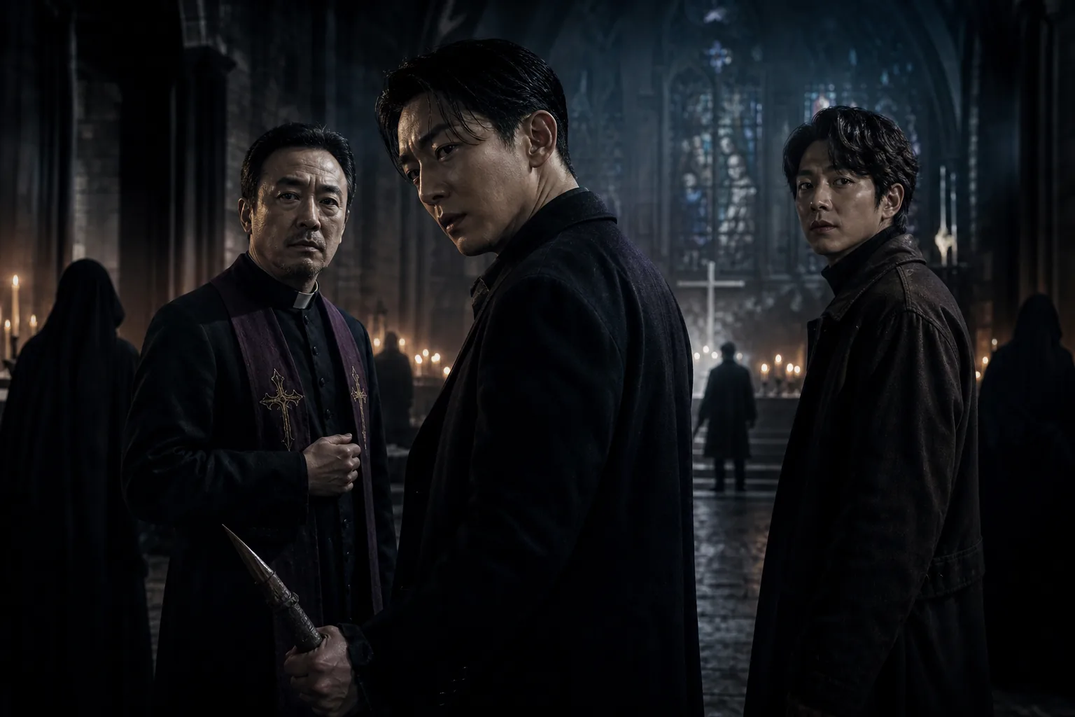 Dark cinematic set representing a Korean vampire hunter film in development