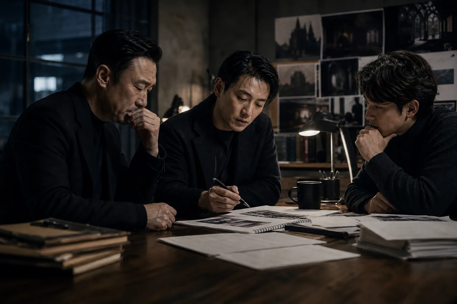 Film production office with screenplay pages and casting notes for a Korean genre movie